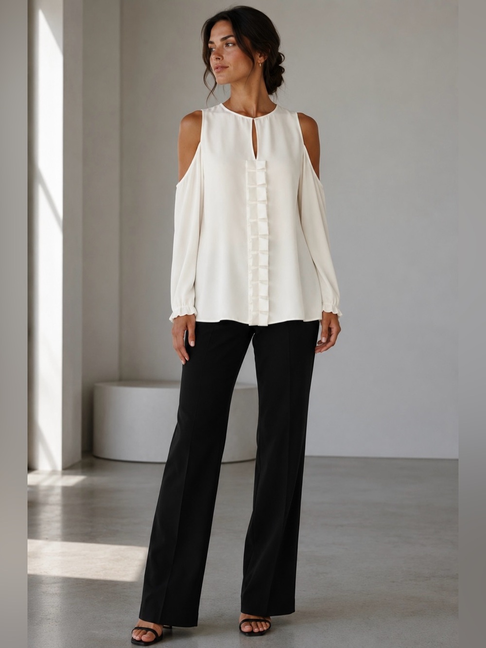 Theory Ivory Cold Shoulder Minimalist Stretch Crepe Blouse Size Medium